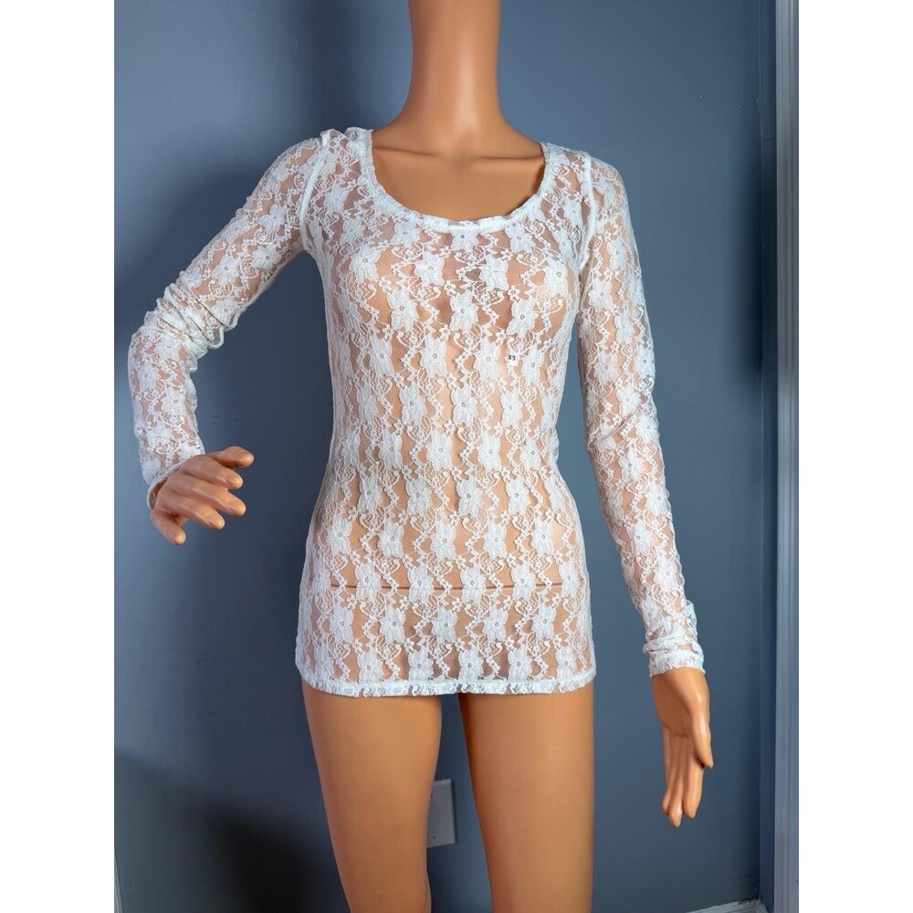 EXPRESS Womens Sheer Floral Lace Top Shirt Long Sleeve Scoop Neck White XS NWT.